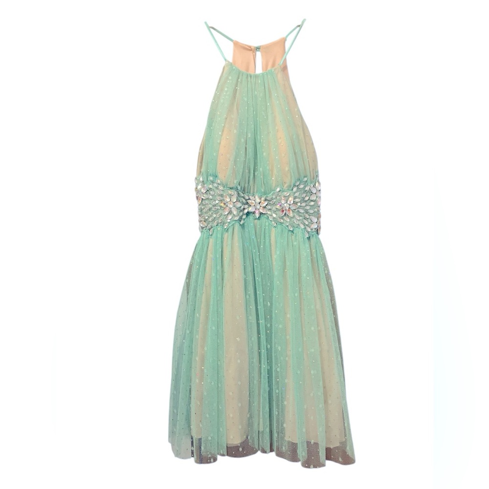NWT B. Darlin Mini Halter Tulle Dress A-Line Turquoise RhinestoneTrim Size 5/6